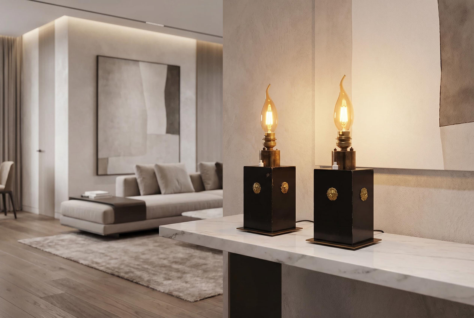 Vintage Black and Brass Table Lamps, Art Deco Style Geometric Base, Pair