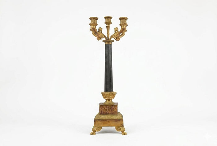 Antique Gilt Bronze Candelabra, Fluted Column with Figural Arms — French, 19th Century