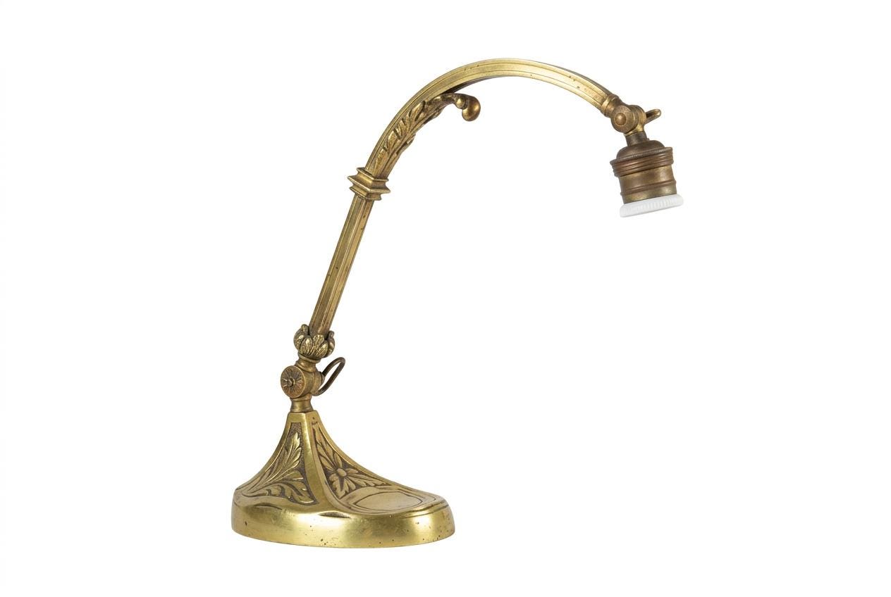 Vintage Brass Desk Lamp, Art Nouveau Style, Adjustable Goose-Neck Arm, 1920s