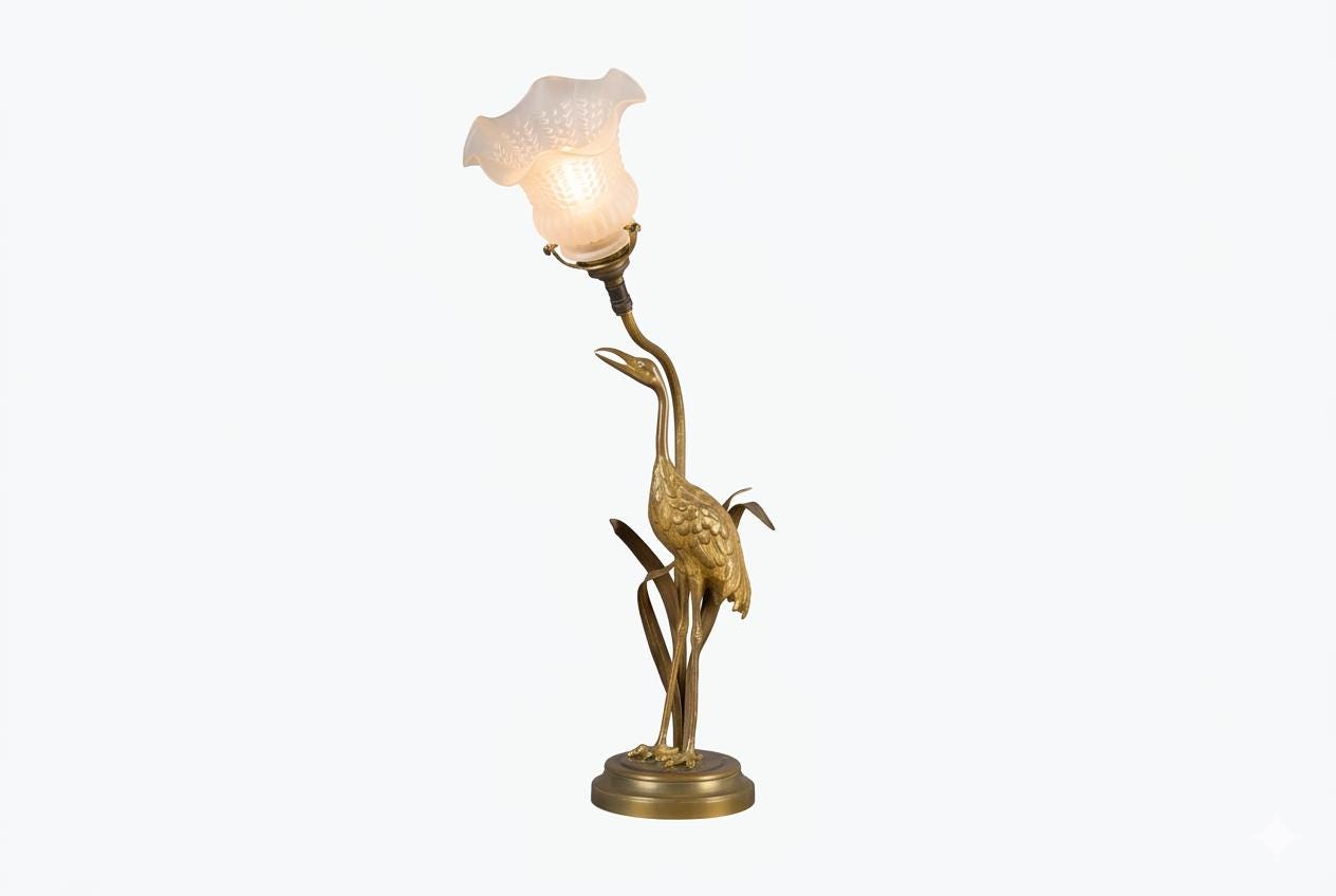 Gilt Crane Table Lamp with Frosted Glass Shade, Hollywood Regency Style