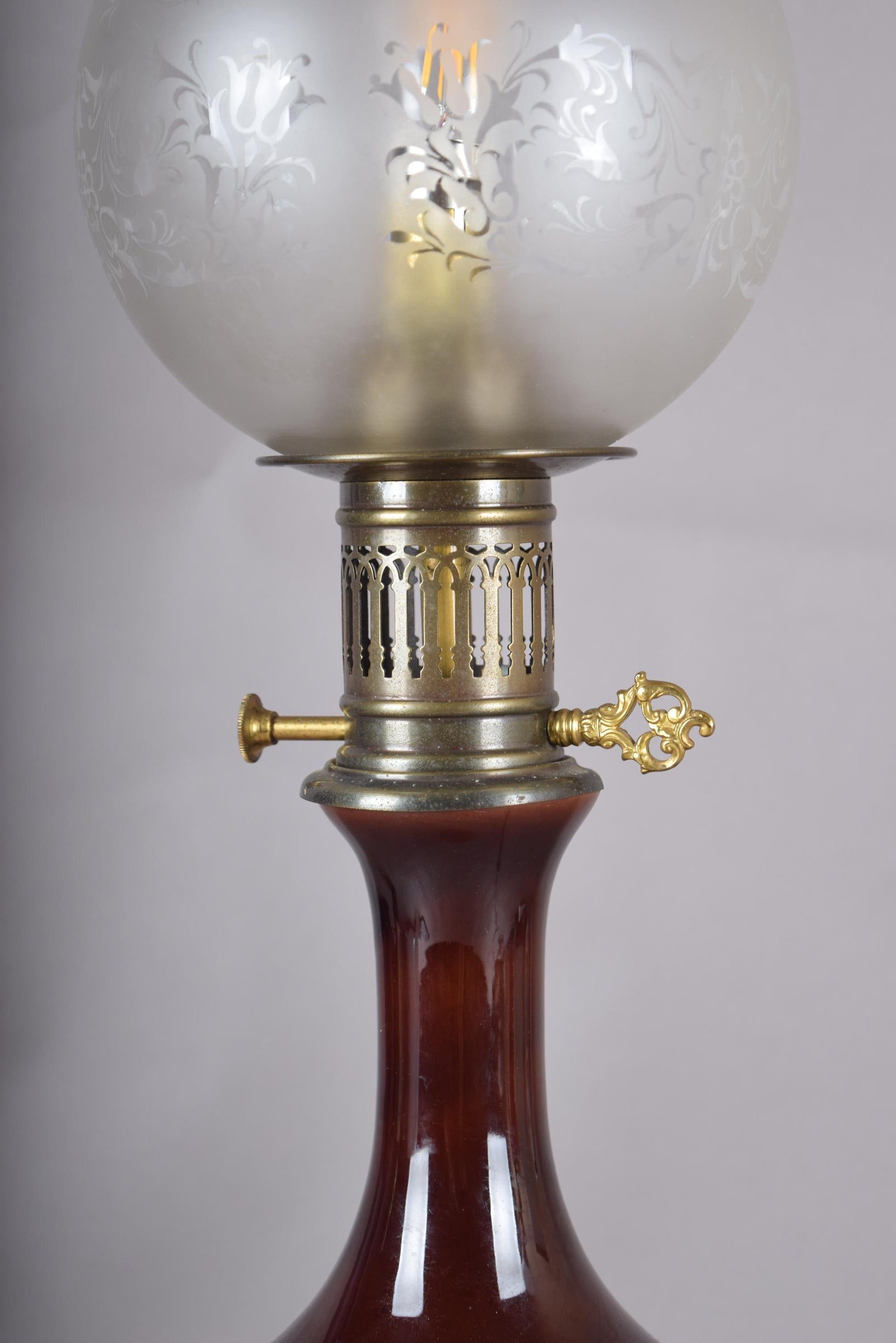 Vintage Glass and Brass Table Lamp, Etched Frosted Glass Globe Shade, 1950s