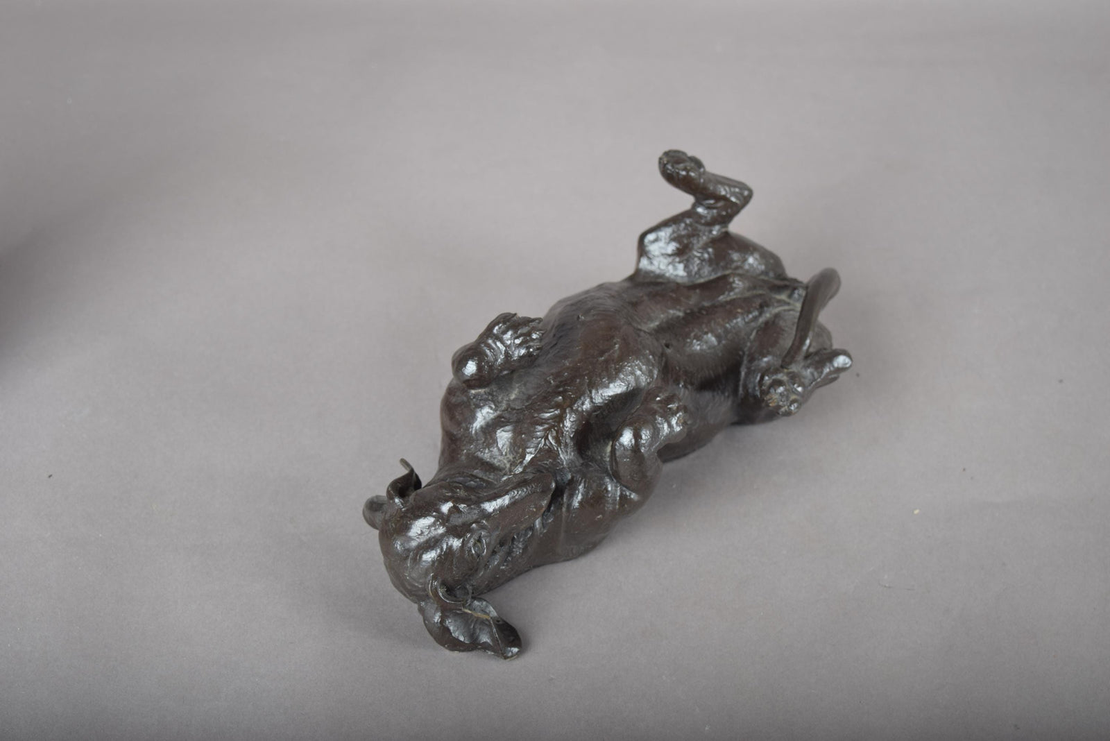 Doris Lindner "Rolling Dachshund" Sculpture, Signed Cast Resin with Bronze Patina