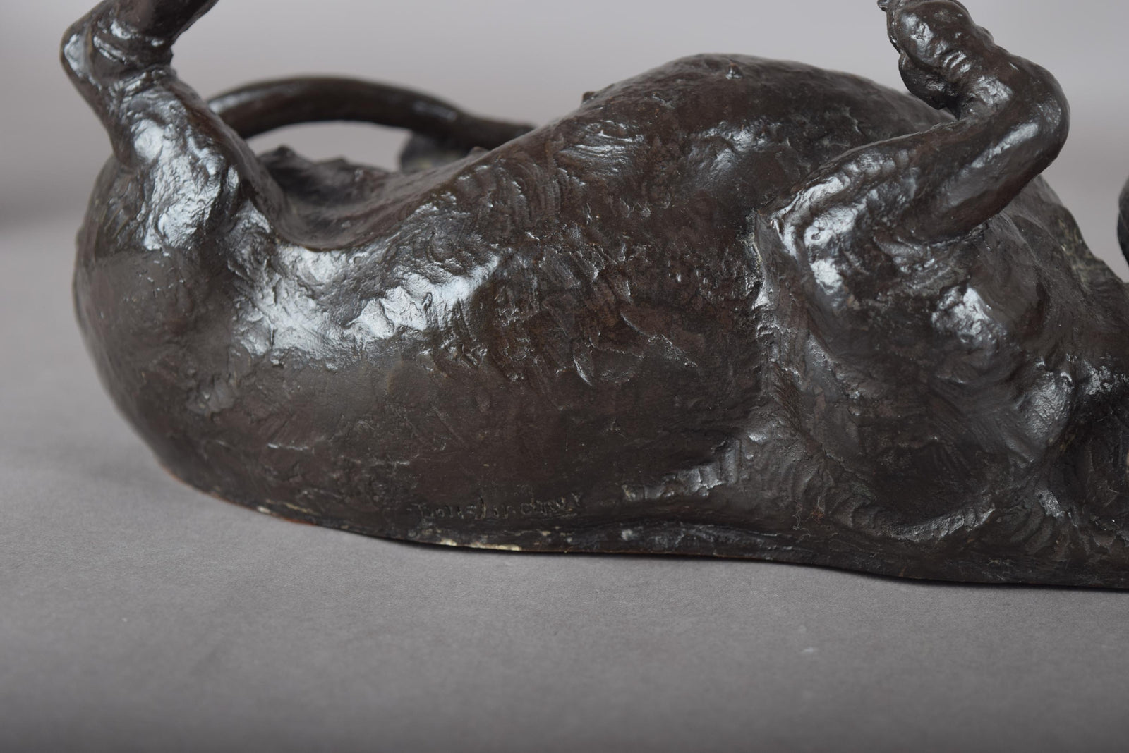Doris Lindner "Rolling Dachshund" Sculpture, Signed Cast Resin with Bronze Patina