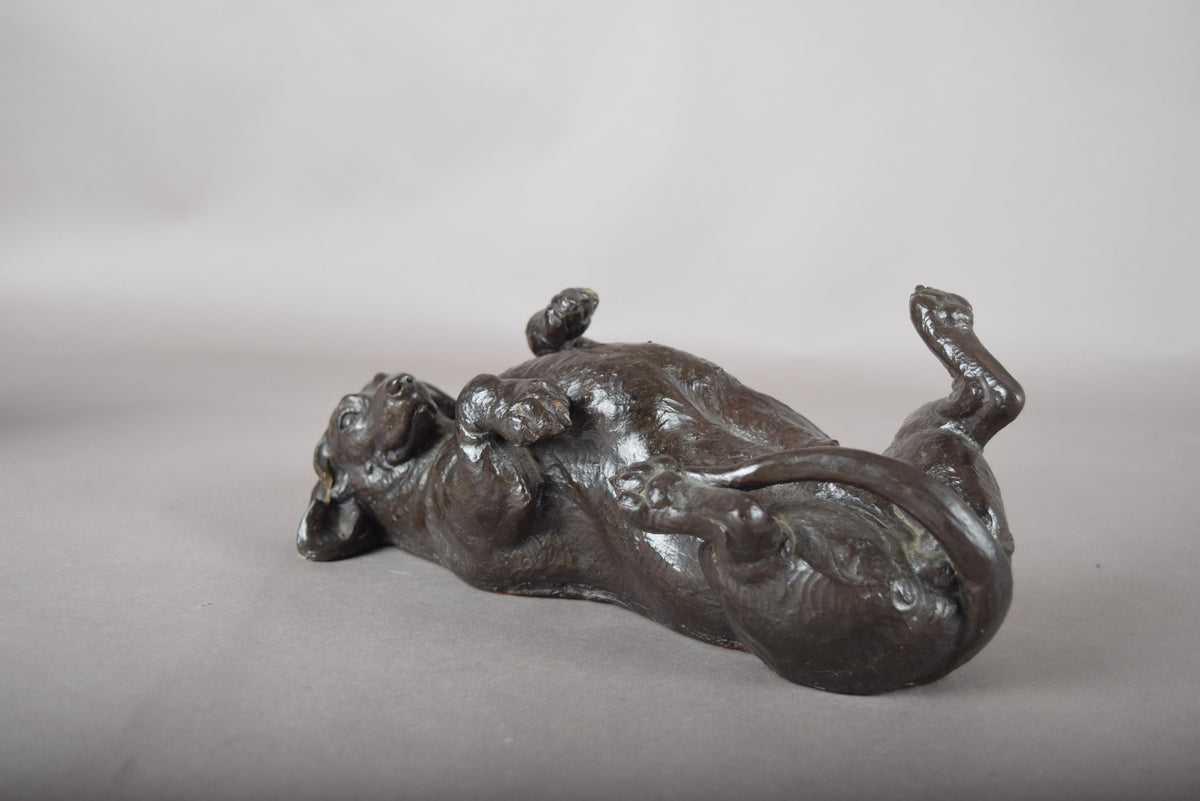 Doris Lindner "Rolling Dachshund" Sculpture, Signed Cast Resin with Bronze Patina