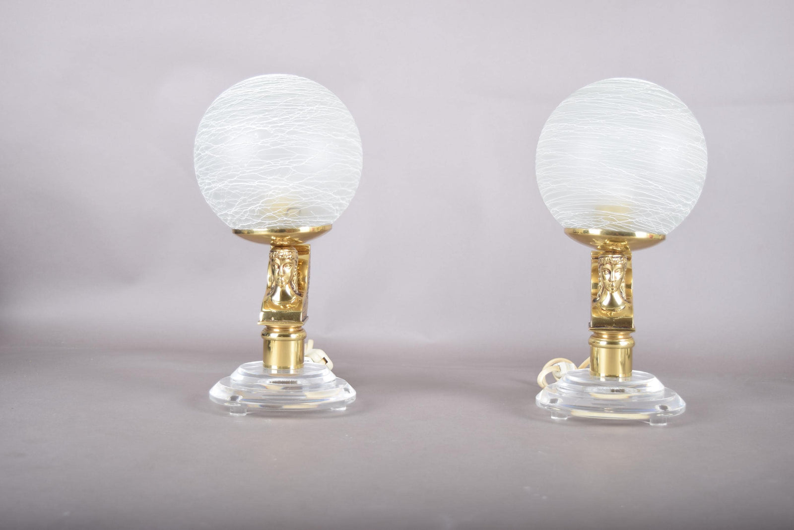 Vintage Brass-Toned Angel Table Lamps, Frosted Glass Globe Shade, Hollywood Regency, 1980s, Pair