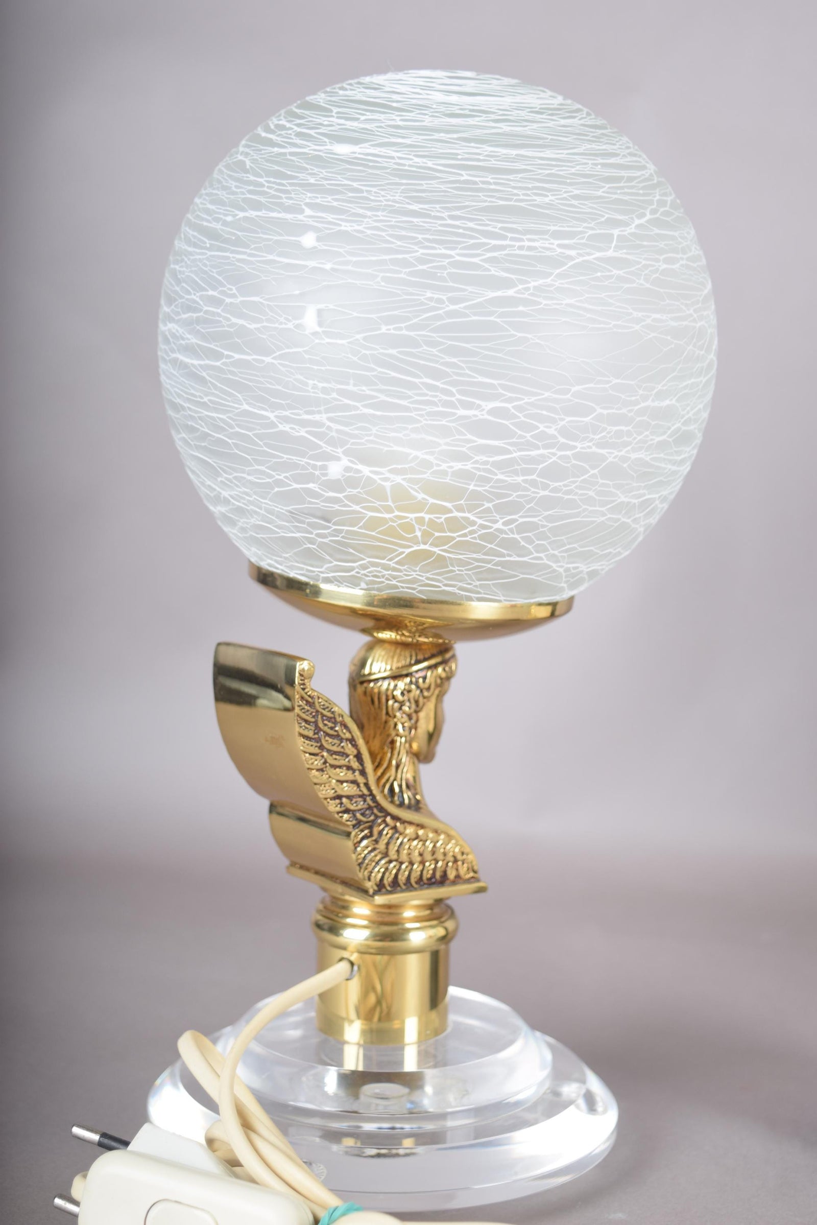 Vintage Brass-Toned Angel Table Lamps, Frosted Glass Globe Shade, Hollywood Regency, 1980s, Pair