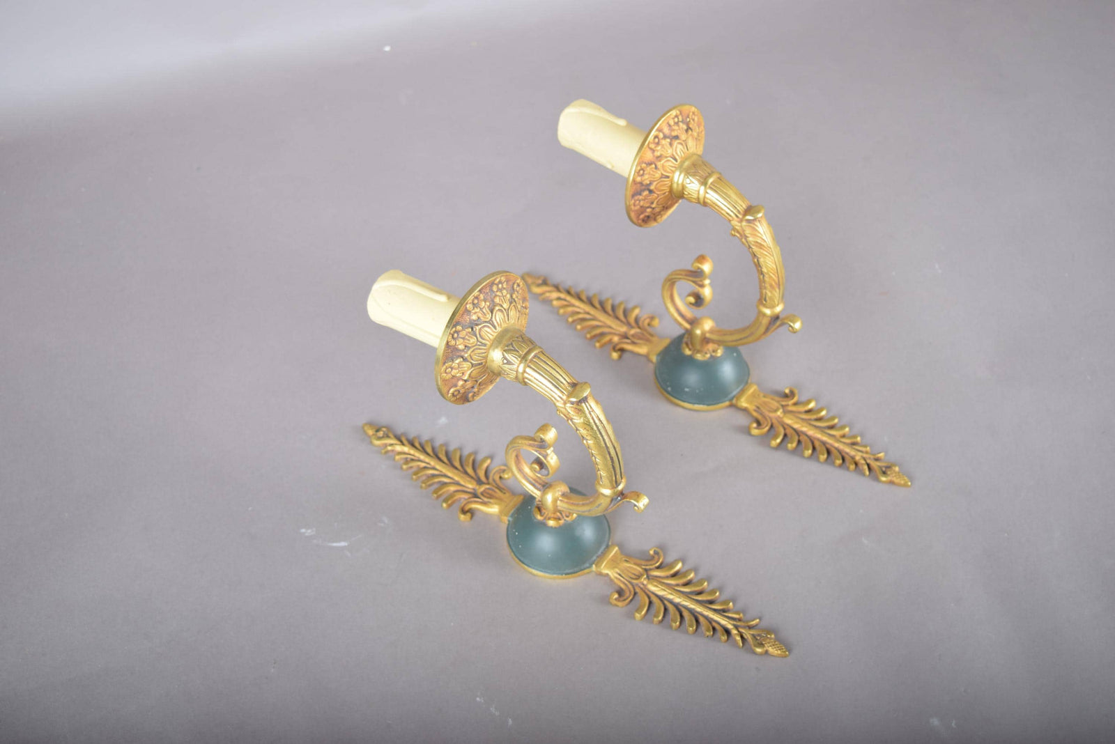 Pair of Vintage Gilded Brass Sconces, French Scroll Arm | Feathered Wall Lights, 1950s | Candle-Style Fixtures