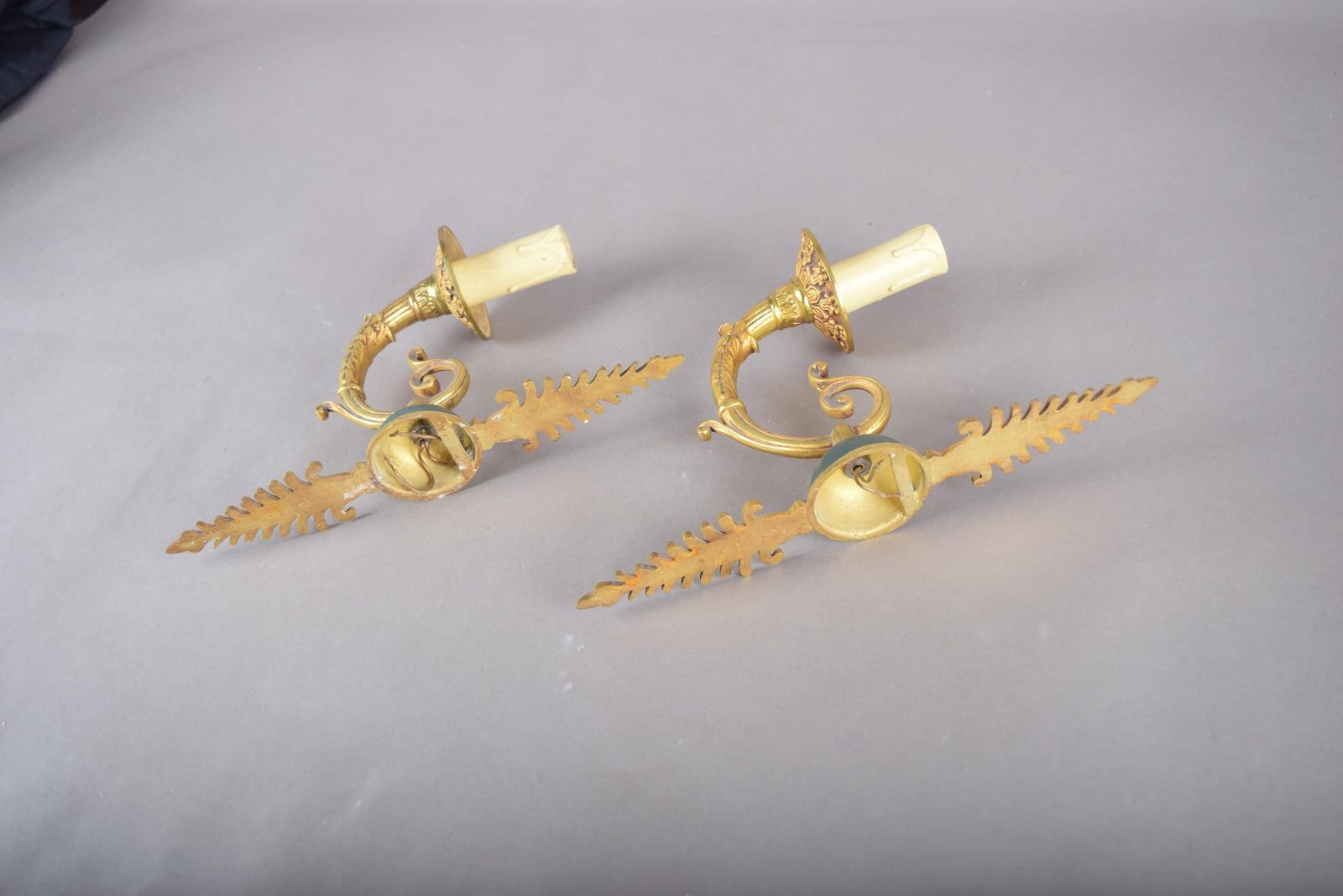 Pair of Vintage Gilded Brass Sconces, French Scroll Arm | Feathered Wall Lights, 1950s | Candle-Style Fixtures