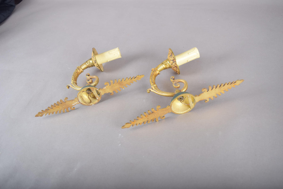 Pair of Vintage Gilded Brass Sconces, French Scroll Arm, Feathered Wall Lights, 1950s, Candle-Style Fixtures