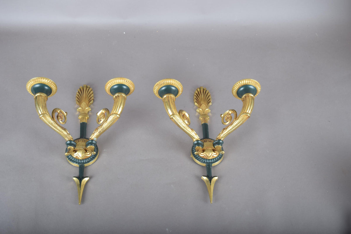 Vintage Gilt Bronze Wall Sconce Pair, Double Arm with Frosted Glass Shades — French Style, 1950s