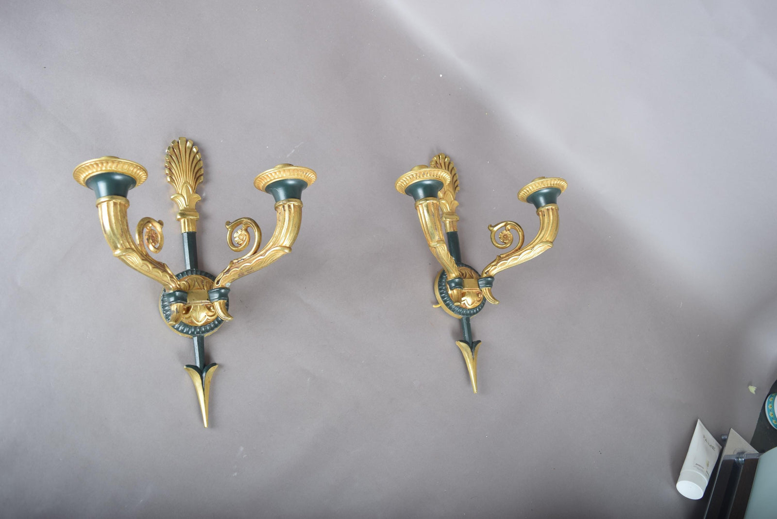 Vintage Gilt Bronze Wall Sconce Pair, Double Arm with Frosted Glass Shades — French Style, 1950s