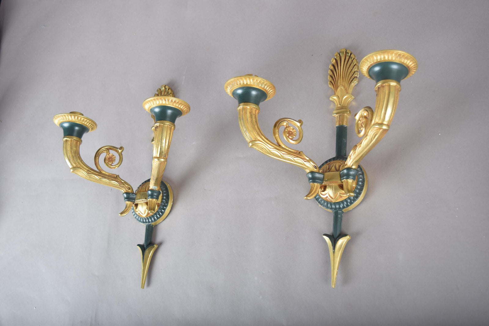 Vintage Gilt Bronze Wall Sconce Pair, Double Arm with Frosted Glass Shades — French Style, 1950s