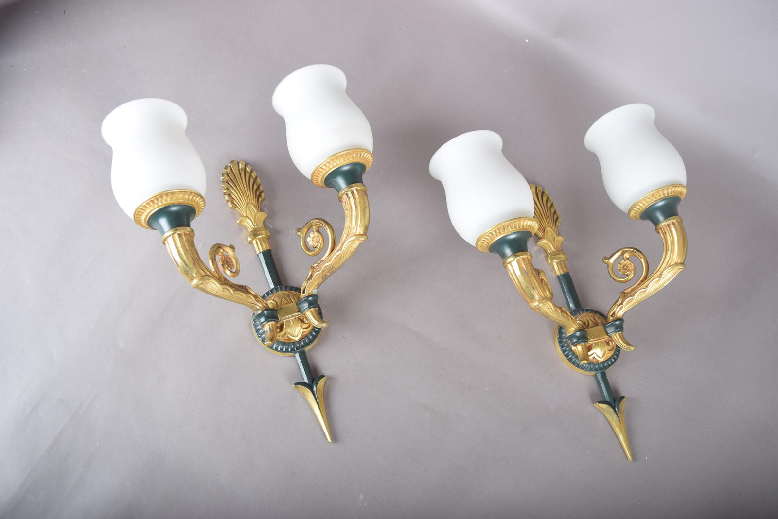Vintage Gilt Bronze Wall Sconce Pair, Double Arm with Frosted Glass Shades — French Style, 1950s