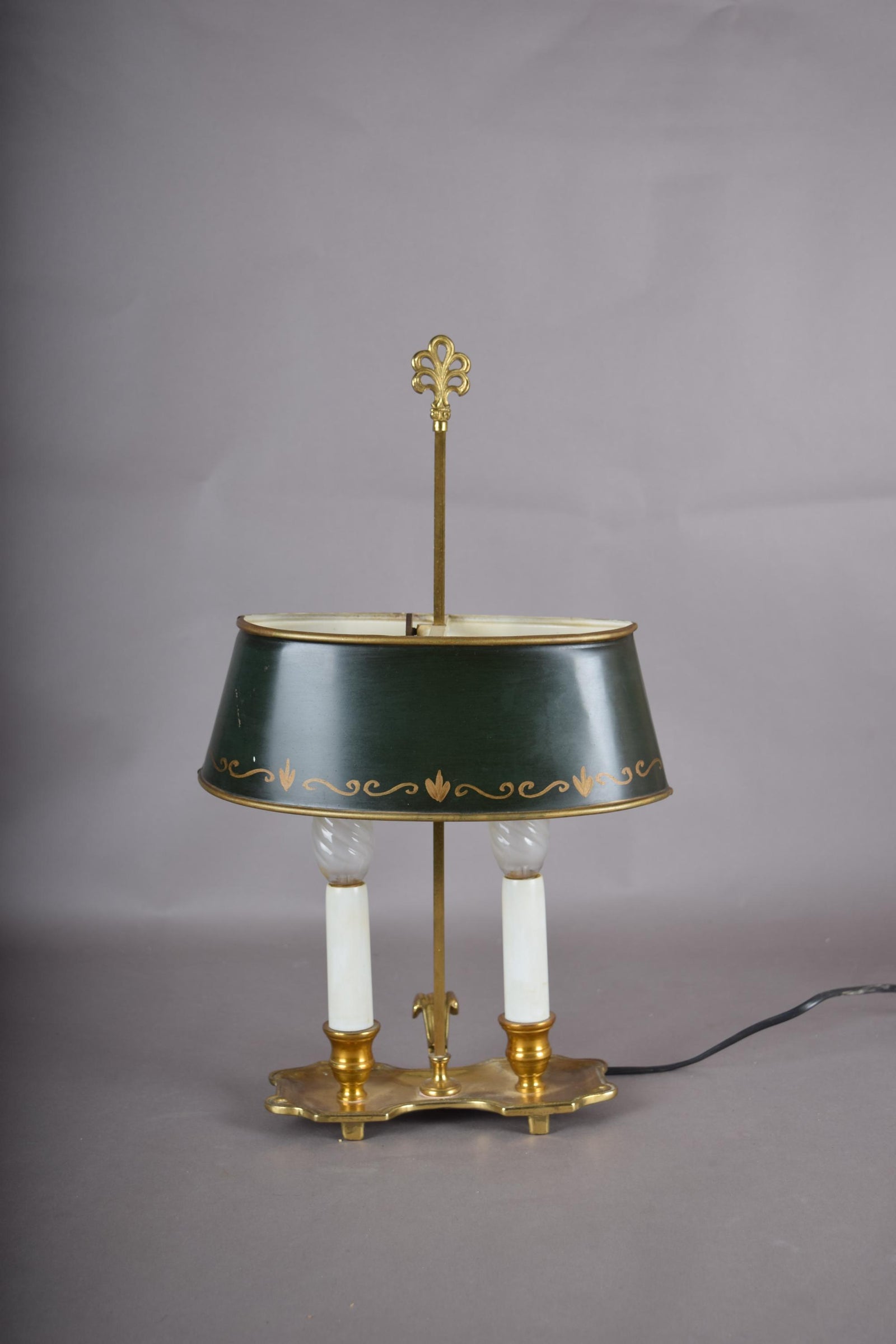 Vintage Brass Bouillotte Lamp, Green Tole Shade with Gold Trim, Dual Light, French Style