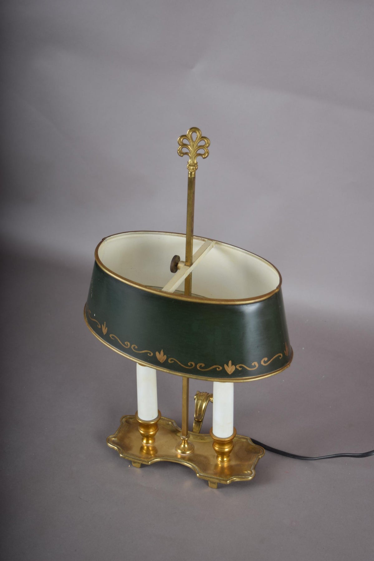 Vintage Brass Bouillotte Lamp, Green Tole Shade with Gold Trim, Dual Light, French Style