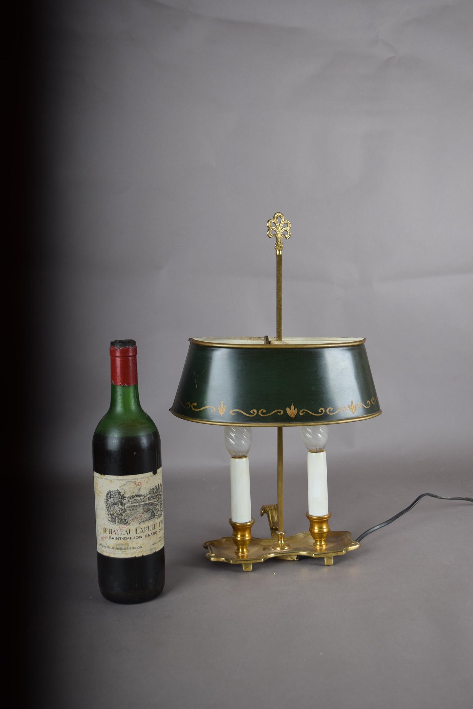 Vintage Brass Bouillotte Lamp, Green Tole Shade with Gold Trim, Dual Light, French Style