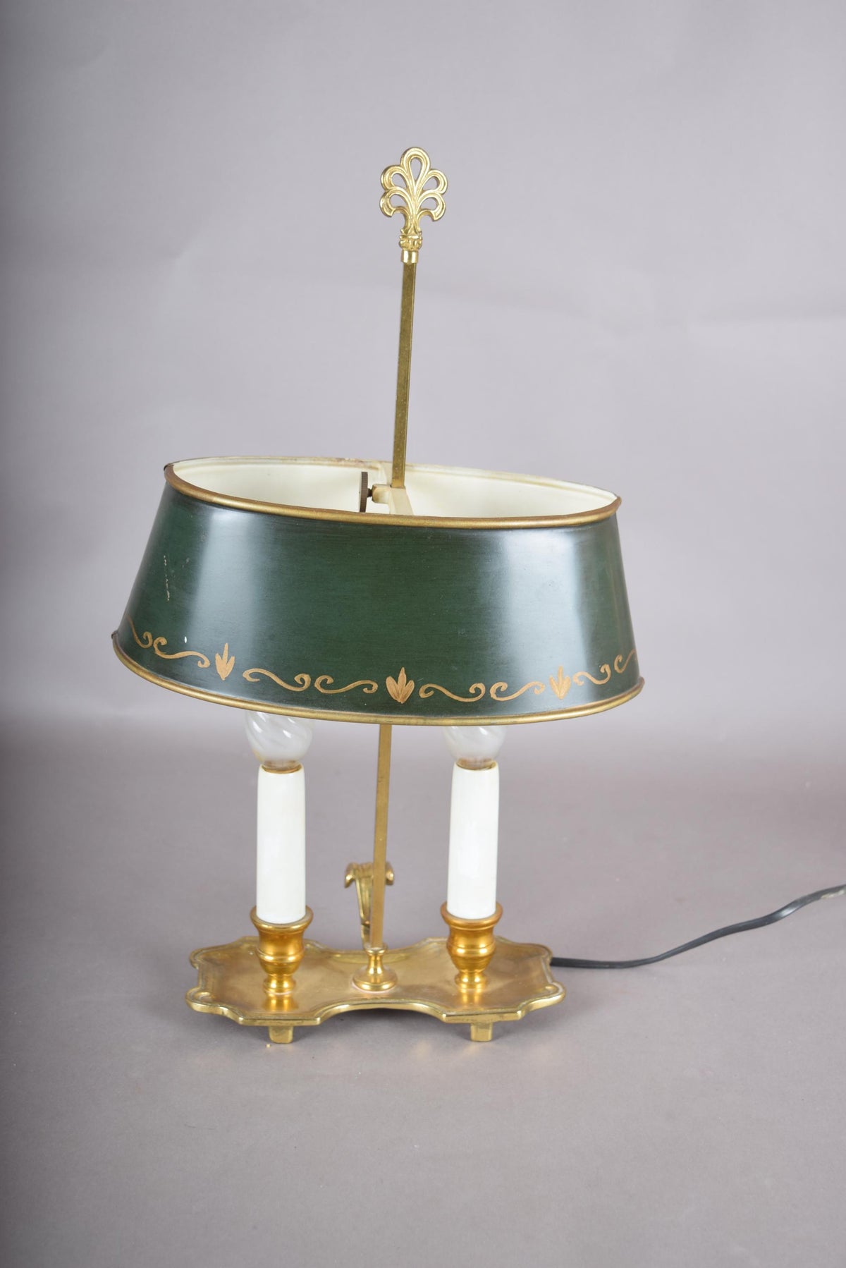 Vintage Brass Bouillotte Lamp, Green Tole Shade with Gold Trim, Dual Light, French Style