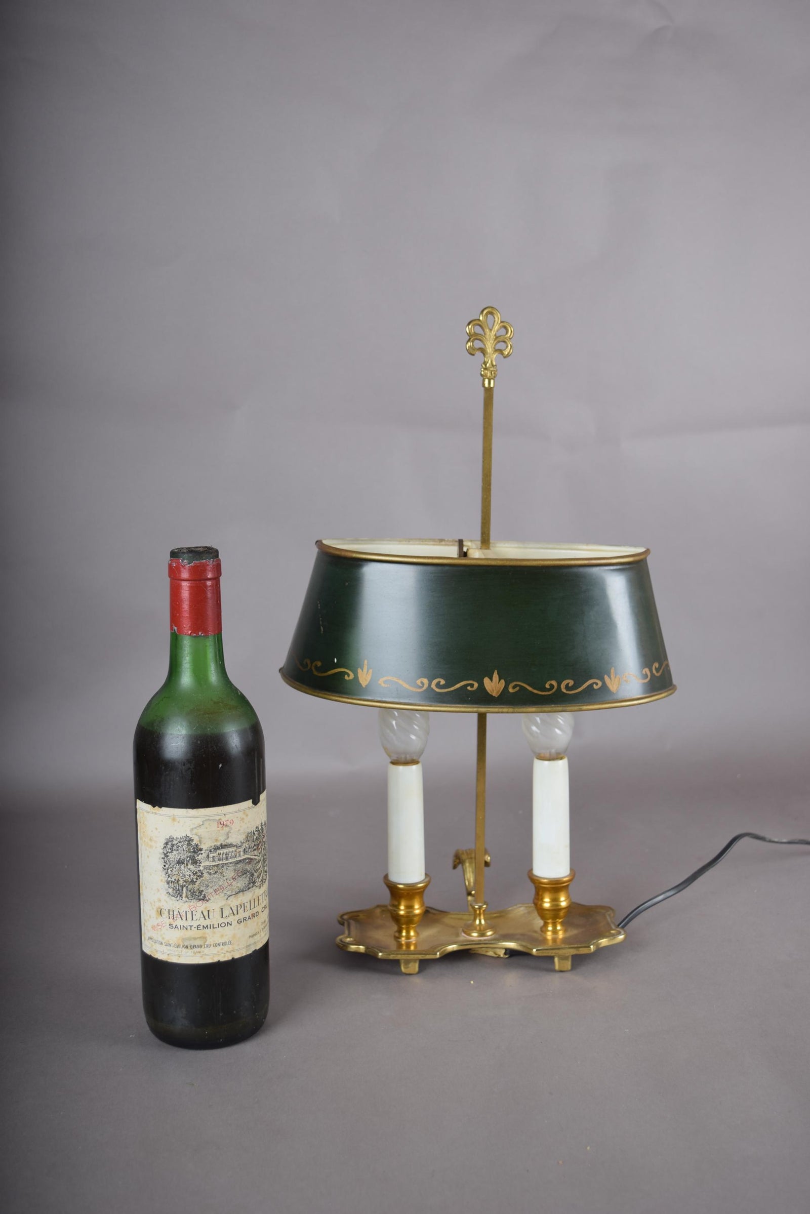 Vintage Brass Bouillotte Lamp, Green Tole Shade with Gold Trim, Dual Light, French Style
