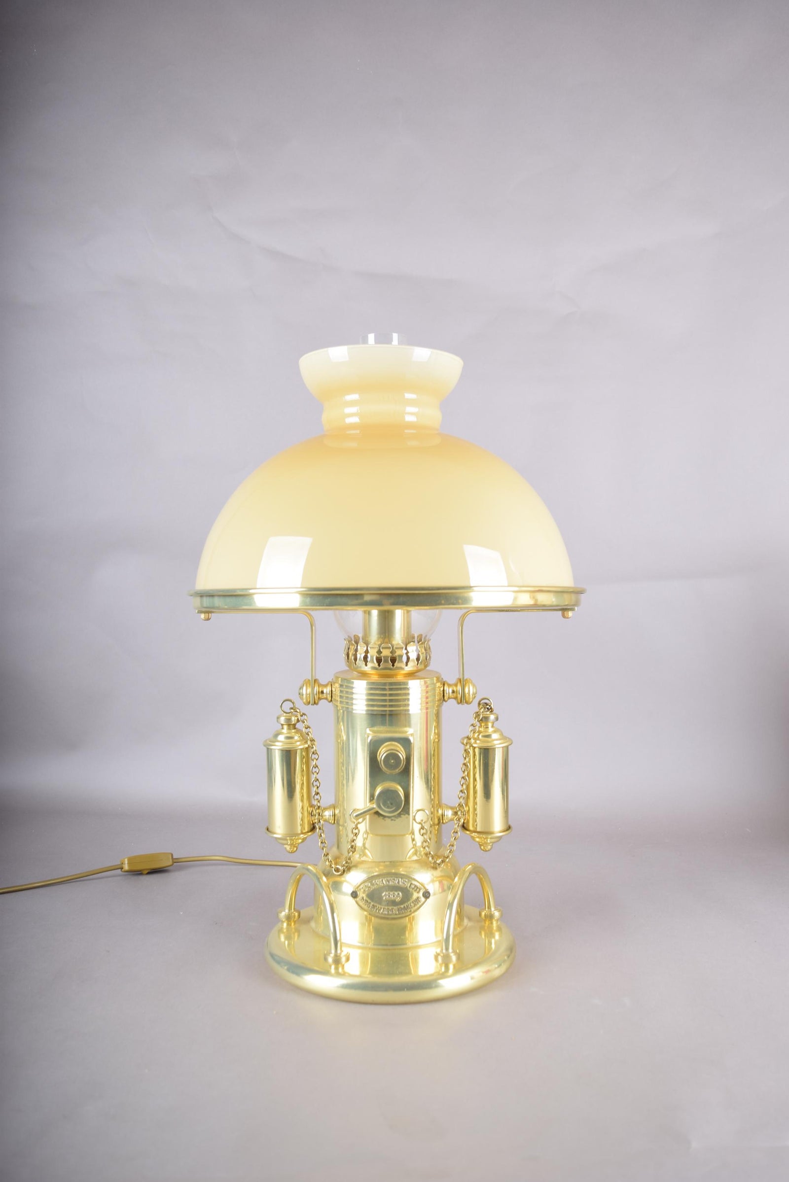 Vintage 1980s Gold-Plated Brass Nautical-Style Table Lamp – "SS Kansas City" Maritime Signal Lamp Design, Glass Dome Shade