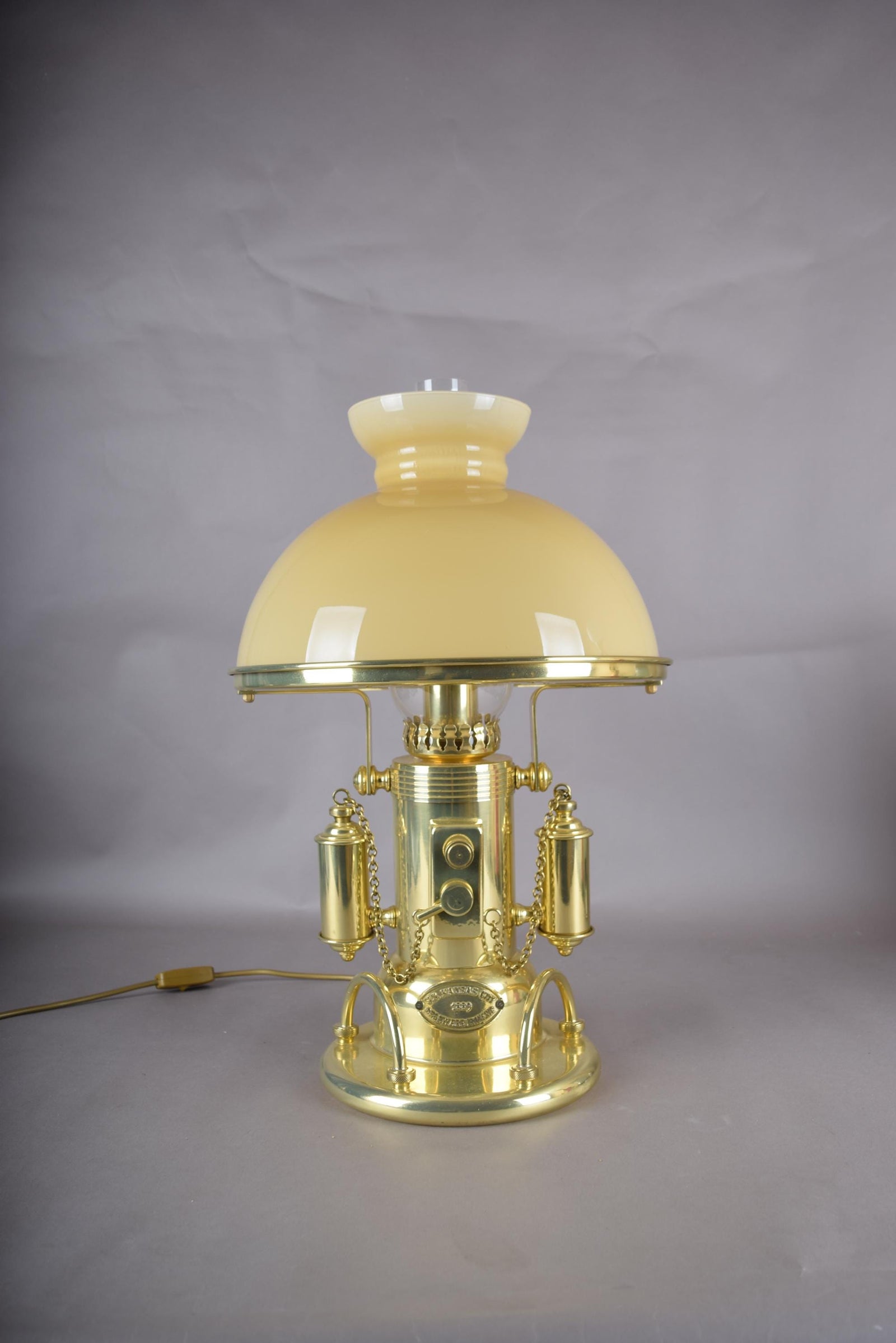 Vintage 1980s Gold-Plated Brass Nautical-Style Table Lamp – "SS Kansas City" Maritime Signal Lamp Design, Glass Dome Shade