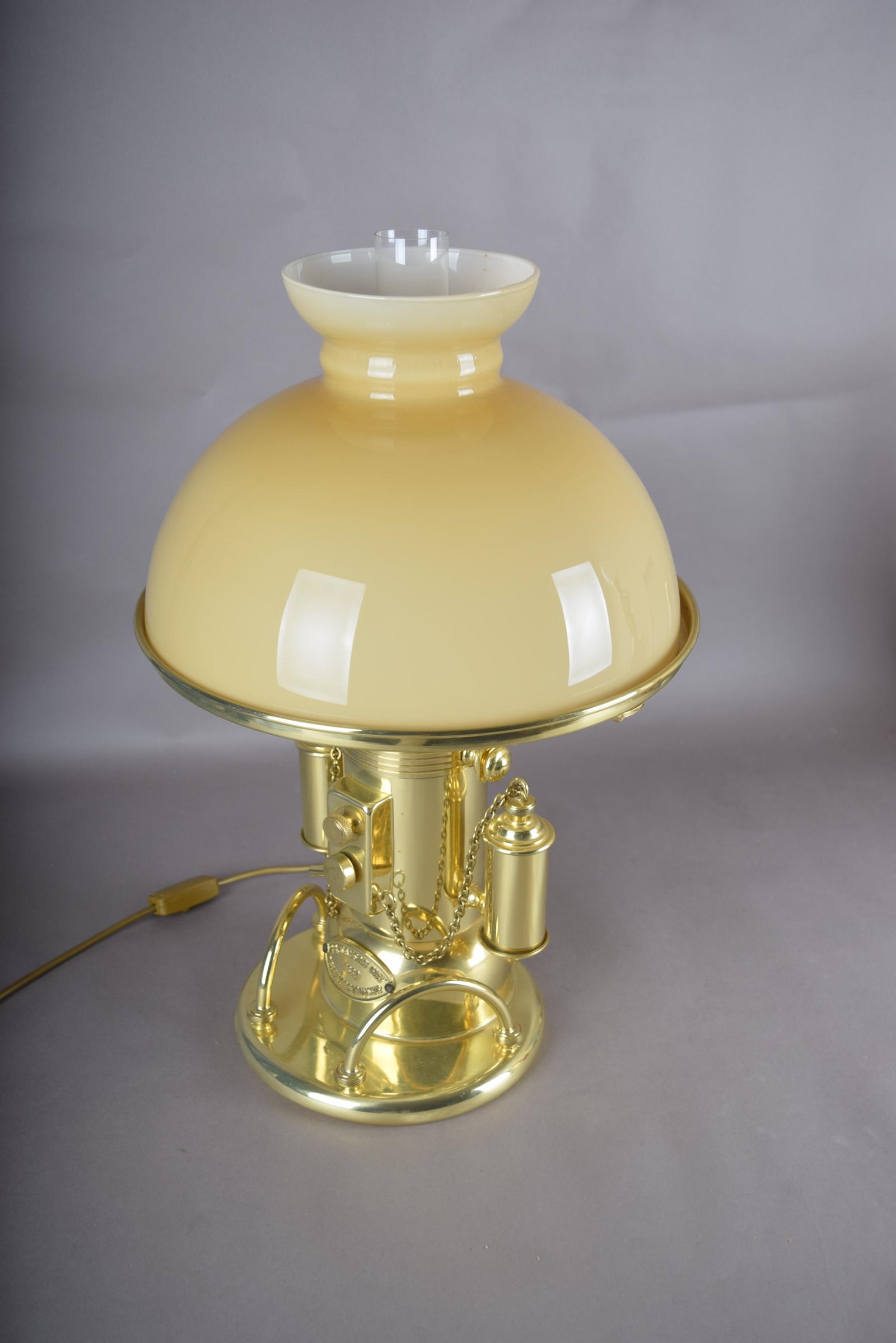 Vintage 1980s Gold-Plated Brass Nautical-Style Table Lamp – "SS Kansas City" Maritime Signal Lamp Design, Glass Dome Shade
