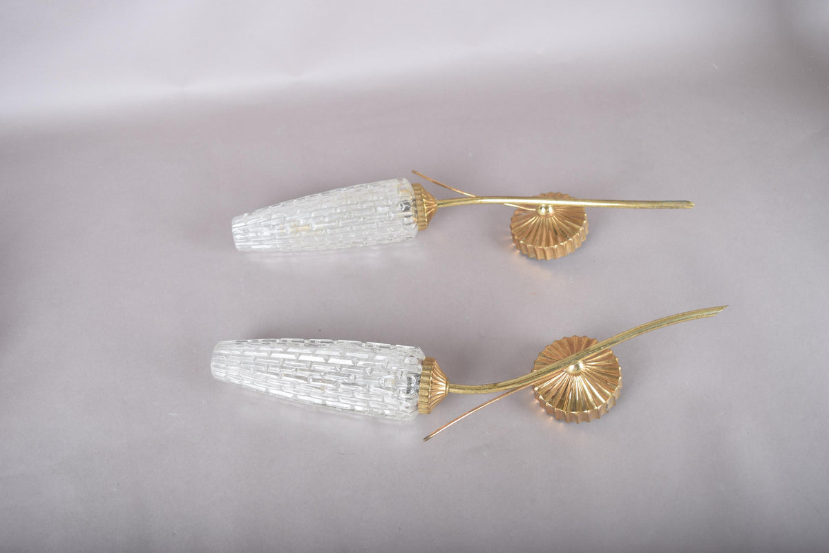 Vintage Gold-Toned Wall Sconces, Textured Glass Shades, Mid-Century Modern, Pair