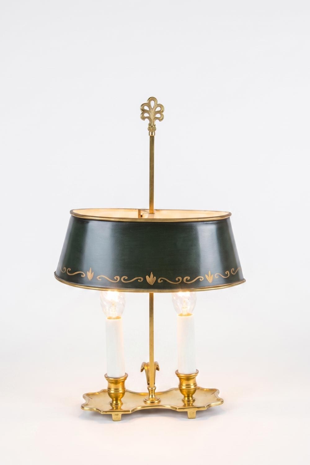 Vintage Brass Bouillotte Lamp, Green Tole Shade with Gold Trim, Dual Light, French Style