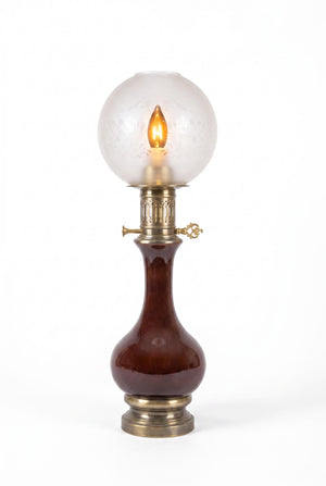 Vintage Glass and Brass Table Lamp, Etched Frosted Glass Globe Shade, 1950s