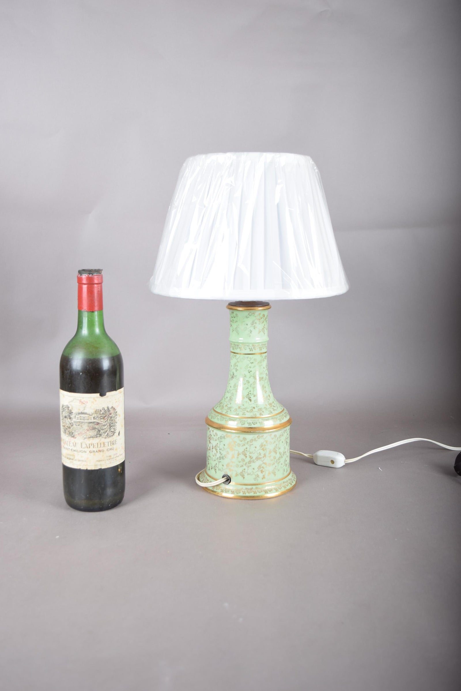 Vintage Chinoiserie Table Lamp | Mint Green Porcelain with Gold Gilt Floral Detail | French Country Baluster Lamp | Circa 1950s