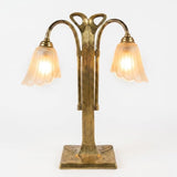 Vintage Brass Double-Arm Table Lamp, Frosted Tulip Shades — Art Nouveau Style, 1950s