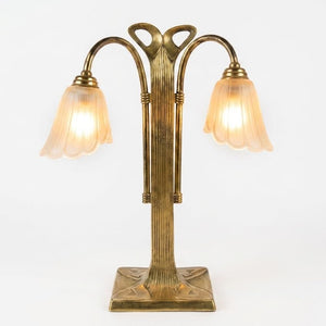 Vintage Brass Double-Arm Table Lamp, Frosted Tulip Shades — Art Nouveau Style, 1950s