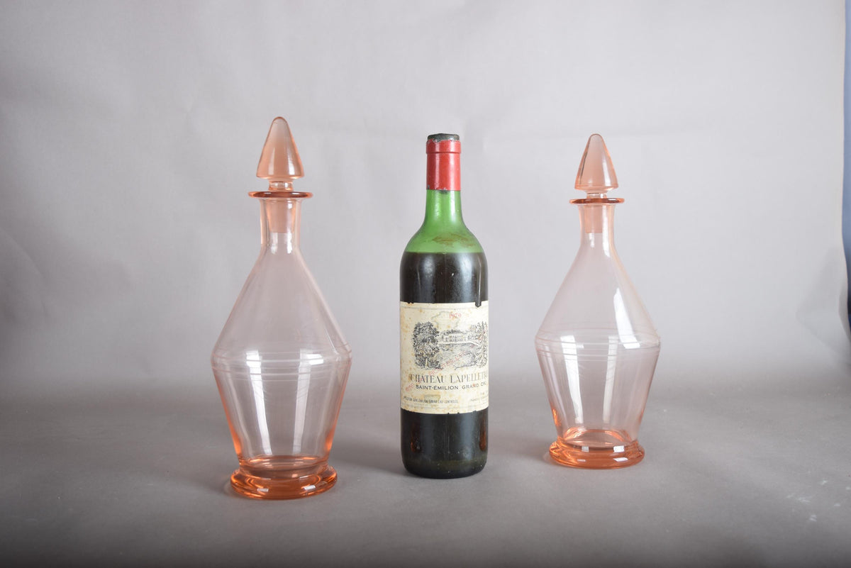 Vintage Pink Glass Carafe Pair, Rounded Art Deco Style Form