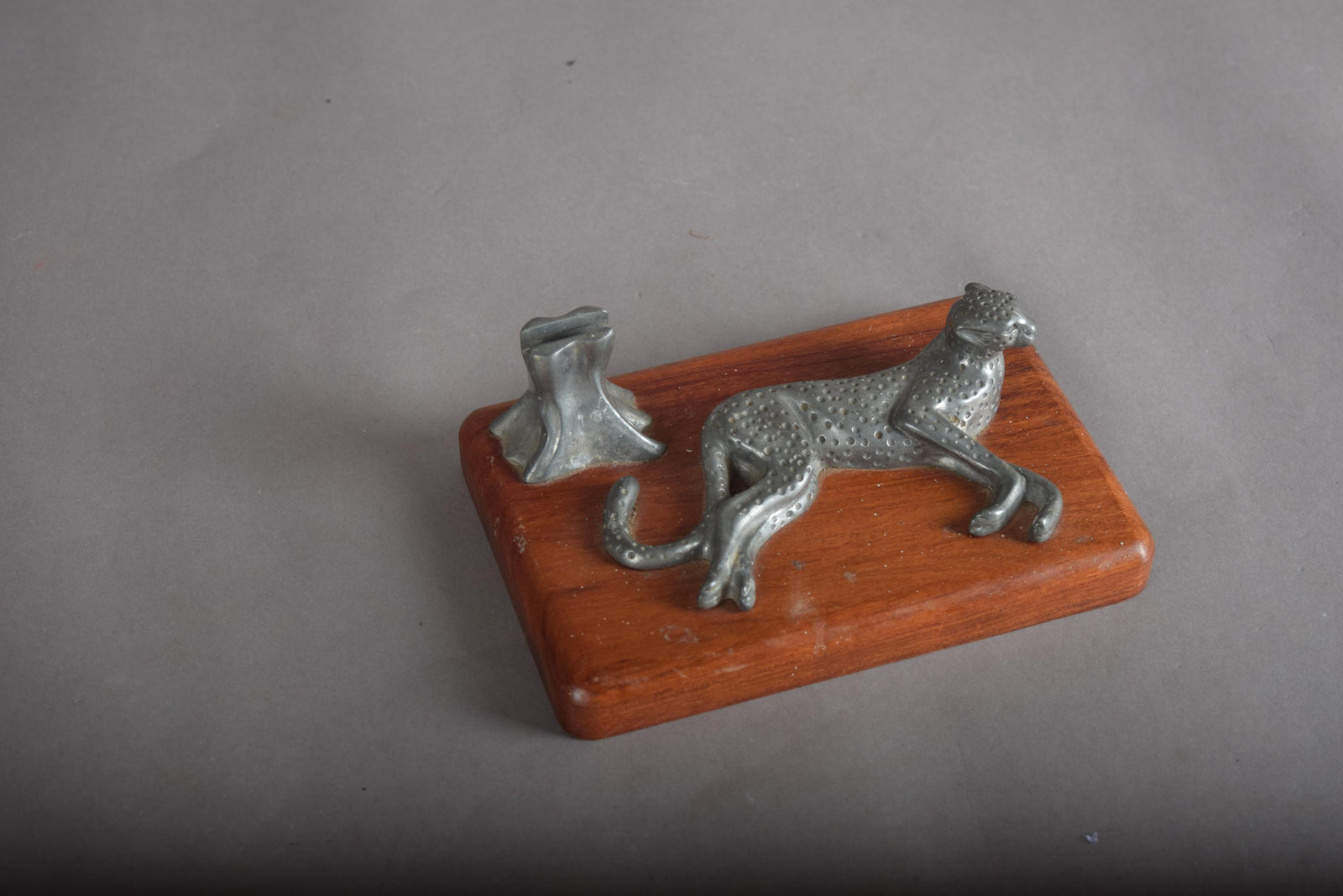 Vintage Leopard Pen Holder, Cast Metal Safari Desk Organizer, Wood Base