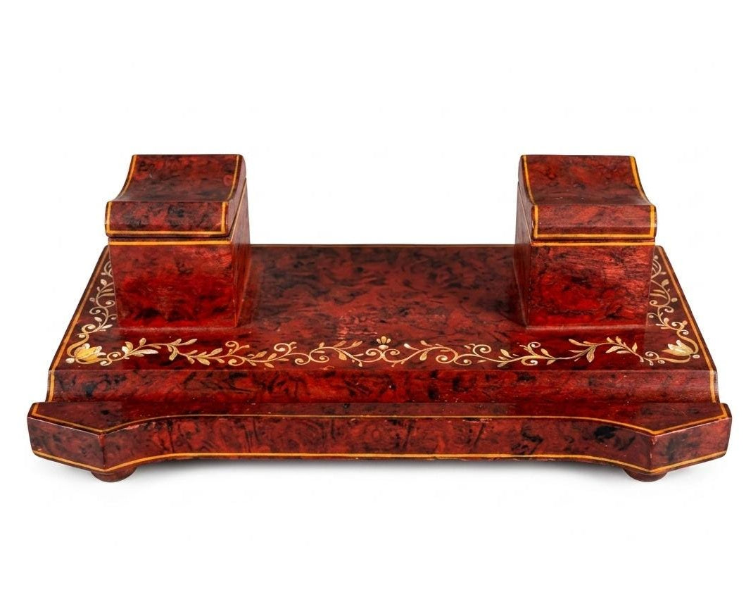 Vintage Hand-Painted Wooden Double Inkwell, Floral Detailing — French Style, 1950s