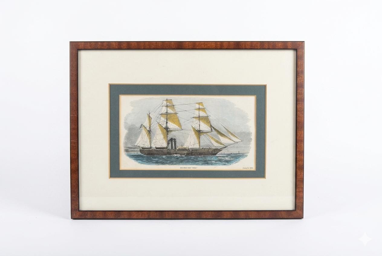 Antique 1854 Lithograph, H.M. Steam-Ship "Tiger," Crimean War Naval Print, Mid-Century Frame