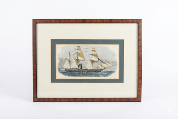 Antique 1854 Lithograph, H.M. Steam-Ship "Tiger," Crimean War Naval Print, Mid-Century Frame