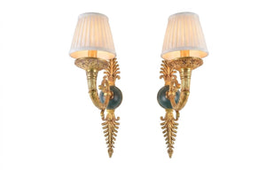 Pair of Vintage Gilded Brass Sconces, French Scroll Arm | Feathered Wall Lights, 1950s | Candle-Style Fixtures