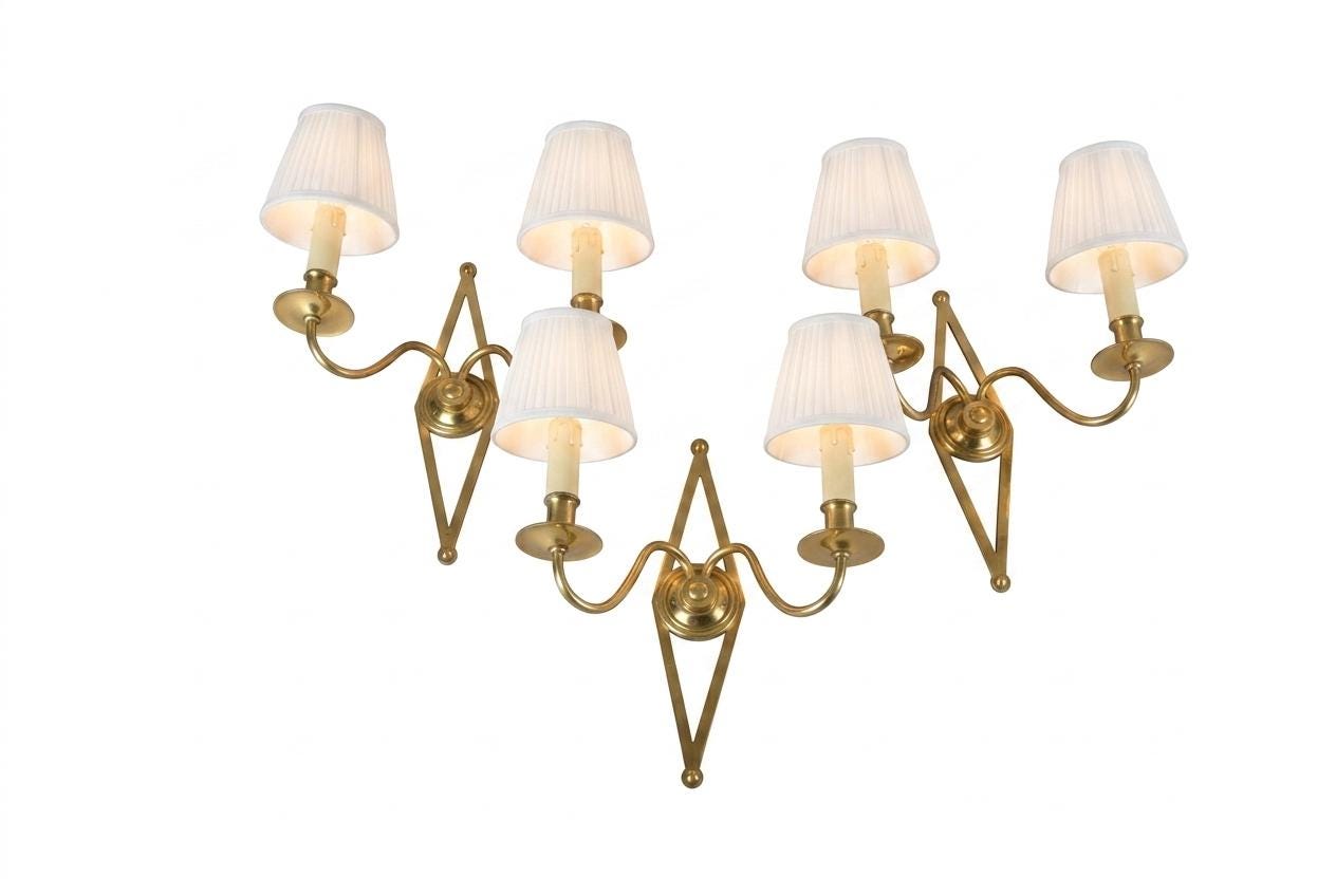 Set of Three Brass Wall Sconces, Geometric Diamond Backplate, French Style, 1960s