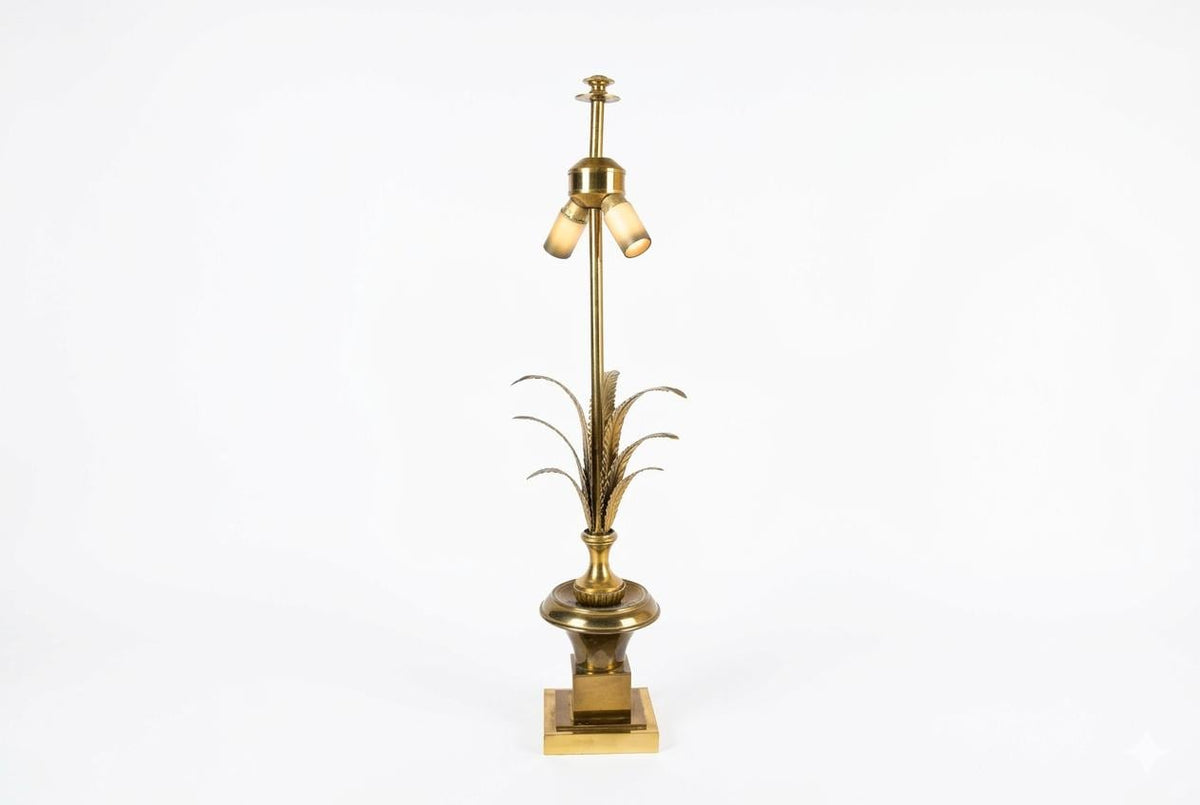Vintage Brass Palm Frond Table Lamp, Urn Form, Dual Socket — Hollywood Regency Style, 1960s