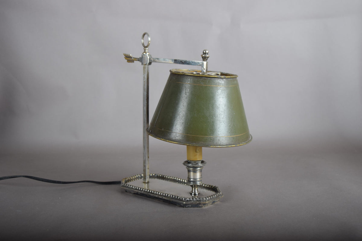 Single-Arm Bouillotte Desk Lamp, Silvered Metal with Arrow Locking Mechanism, Olive Tole Shade, 1950s