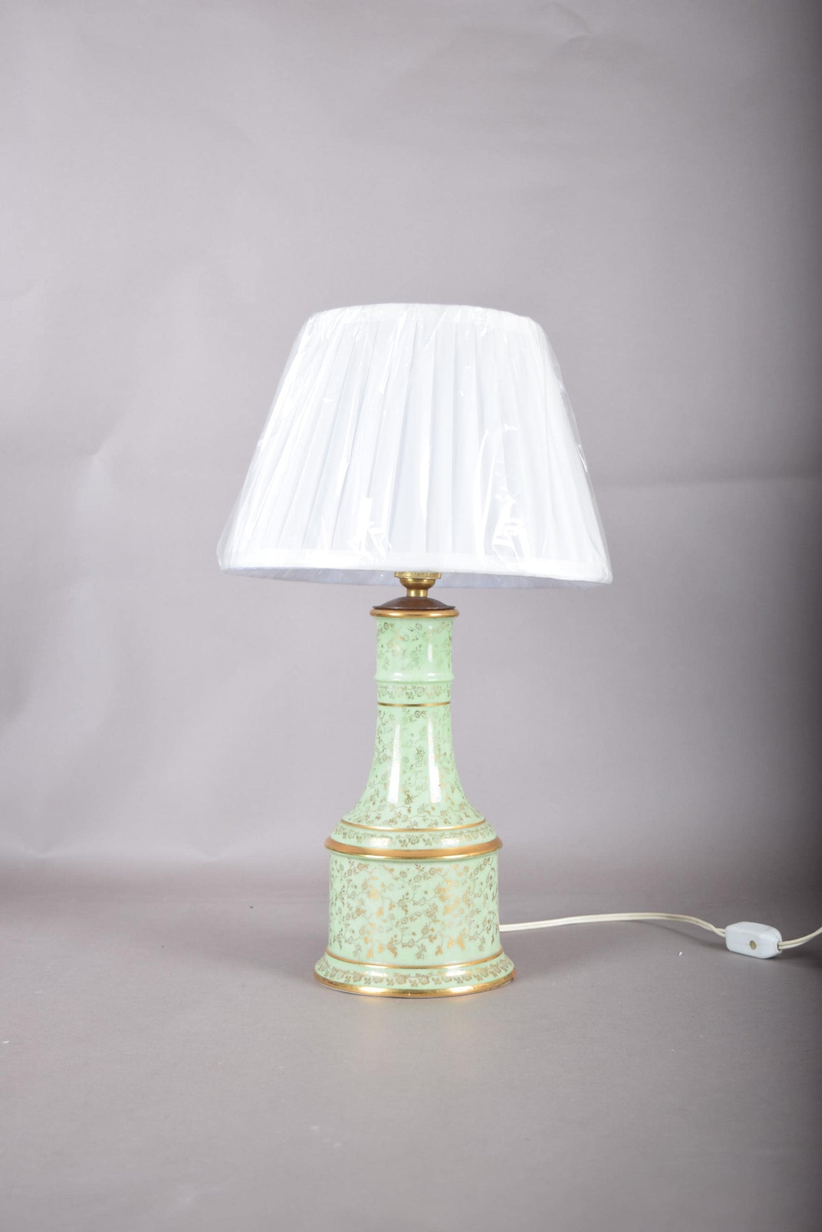 Vintage Chinoiserie Table Lamp | Mint Green Porcelain with Gold Gilt Floral Detail | French Country Baluster Lamp | Circa 1950s