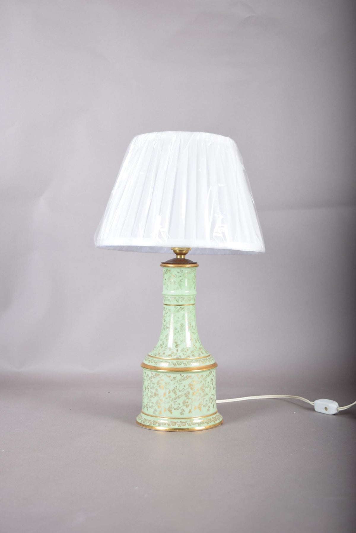 Vintage Chinoiserie Table Lamp, Mint Green Porcelain with Gold Gilt Floral Detail, French Country Baluster Lamp, Circa 1950s
