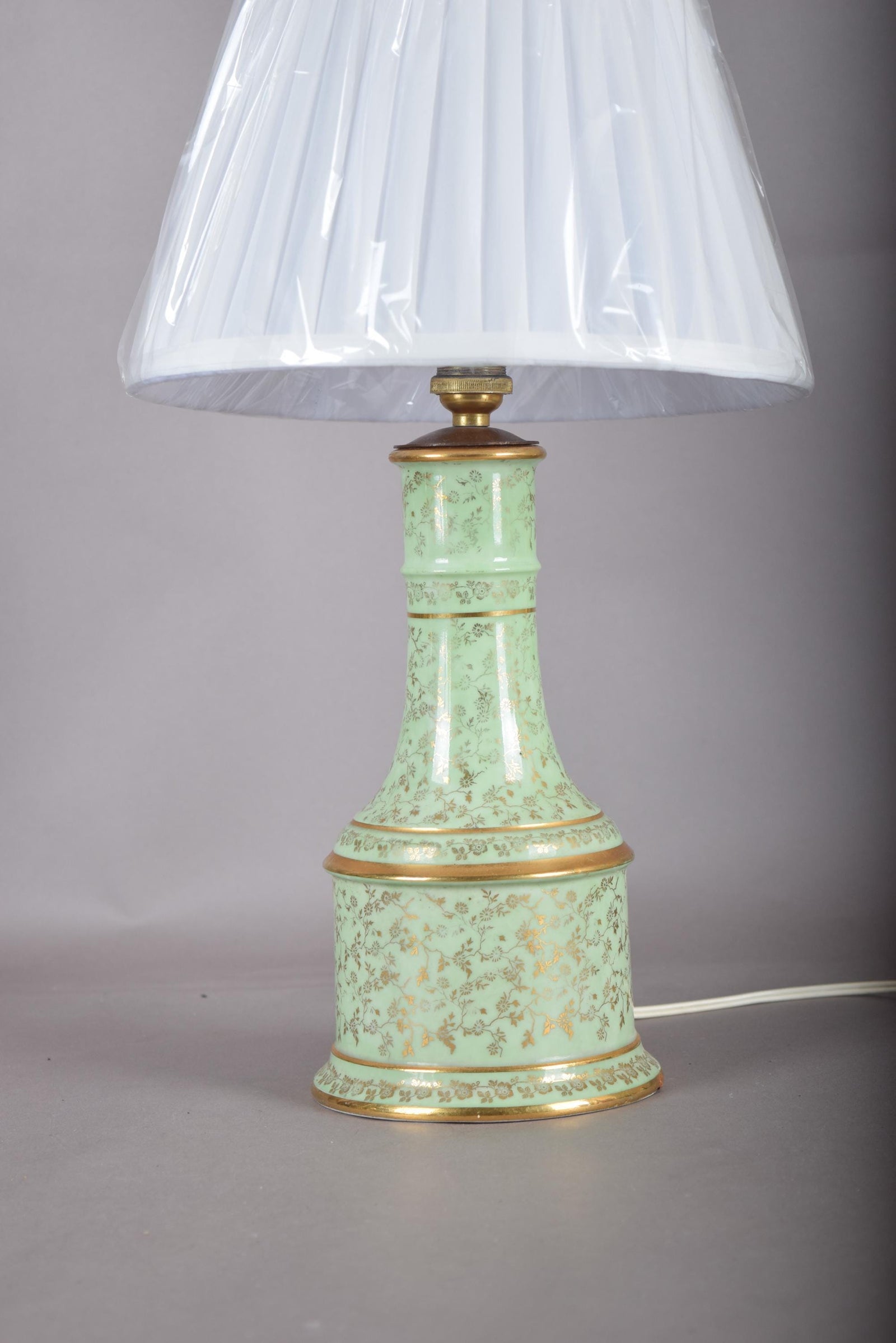 Vintage Chinoiserie Table Lamp | Mint Green Porcelain with Gold Gilt Floral Detail | French Country Baluster Lamp | Circa 1950s