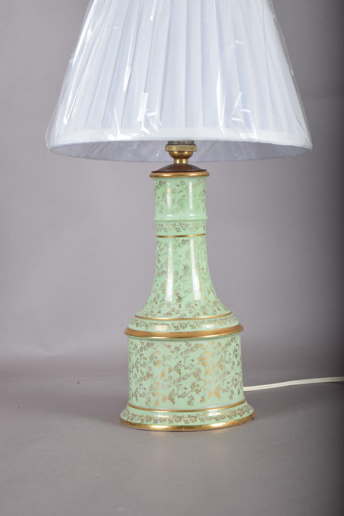 Vintage Chinoiserie Table Lamp, Mint Green Porcelain with Gold Gilt Floral Detail, French Country Baluster Lamp, Circa 1950s