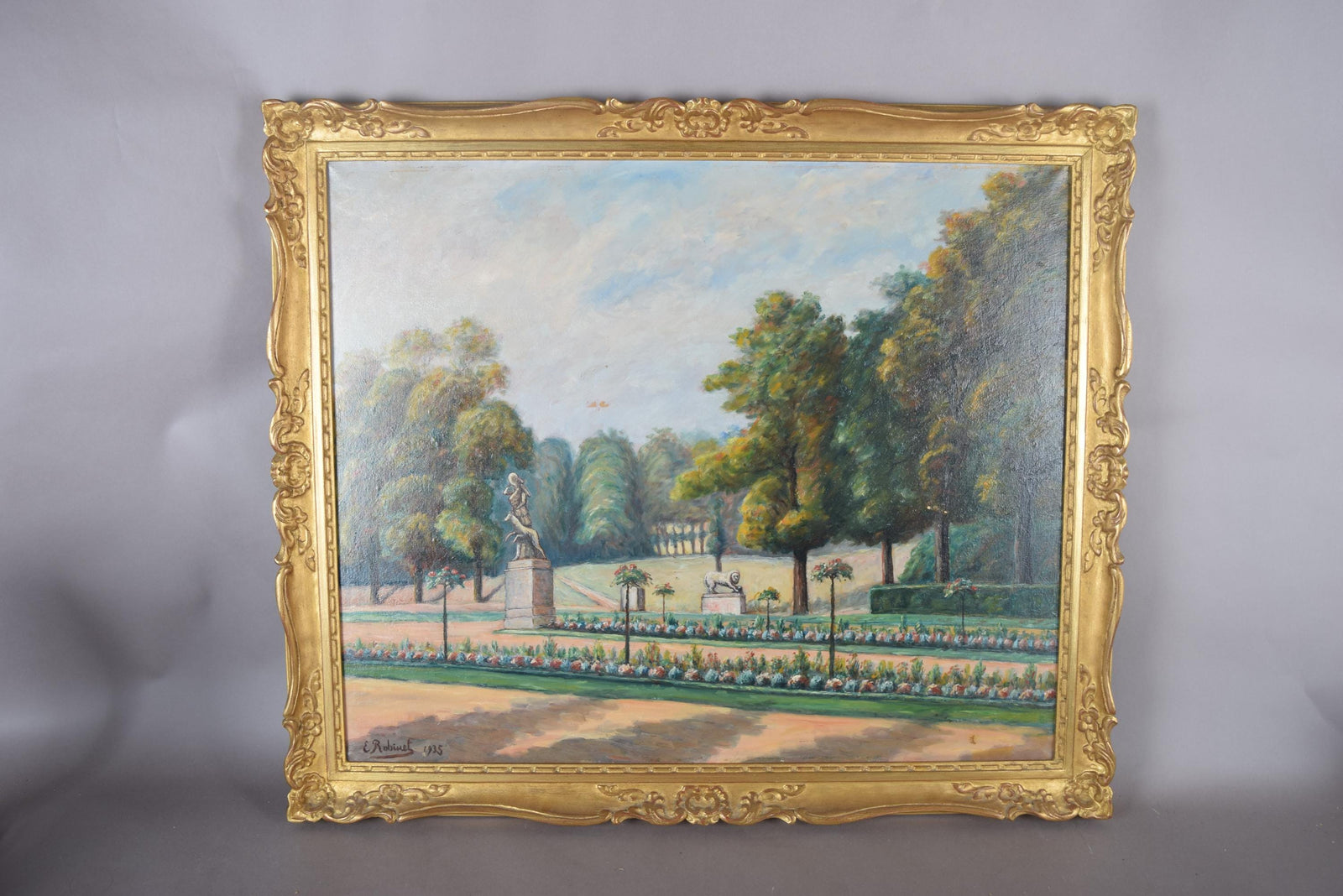 Antique French Garden Landscape Oil Painting, Signed E. Robinet 1935 — Gilt Framed