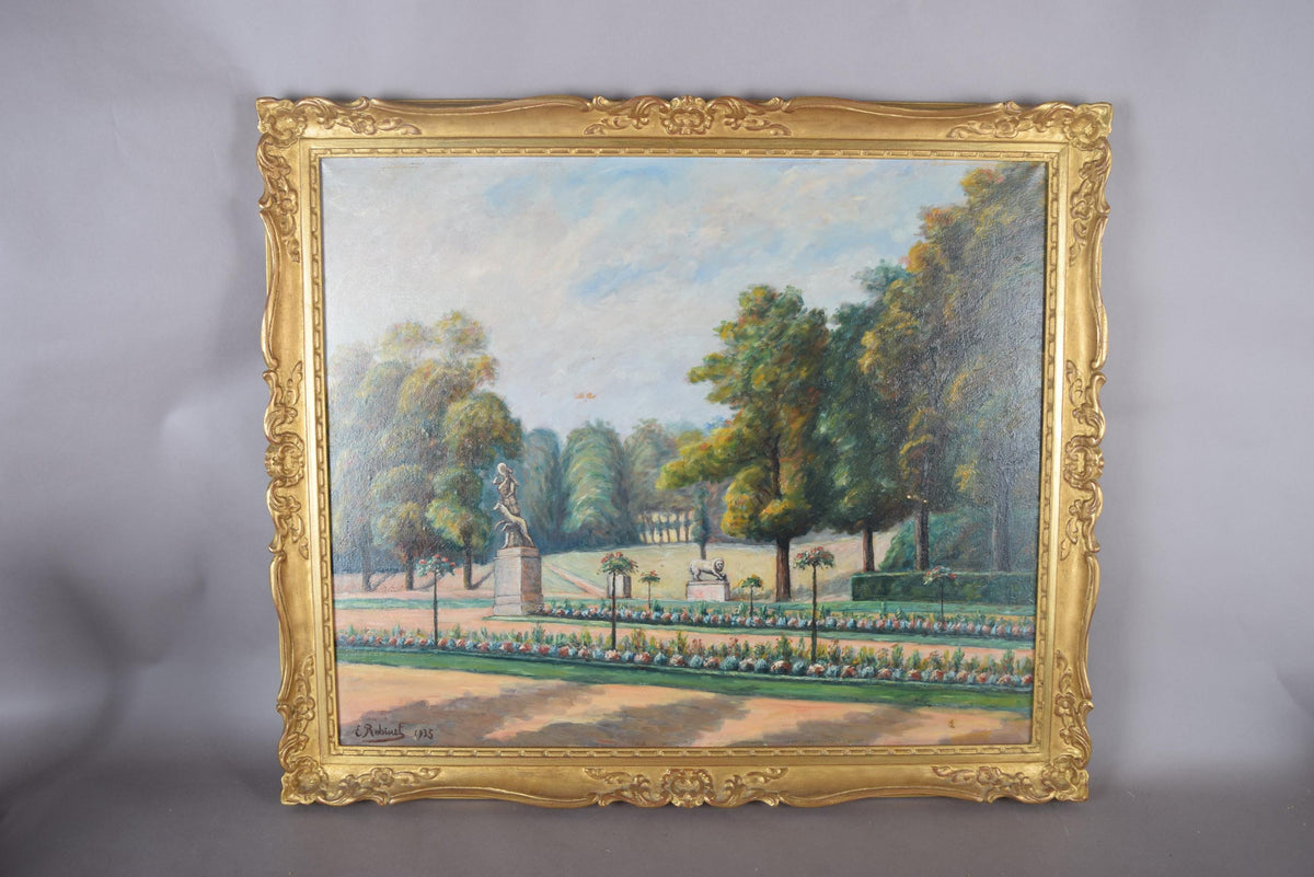 Vintage French Garden Landscape Oil Painting, Signed E. Robinet 1935, Gilt Frame