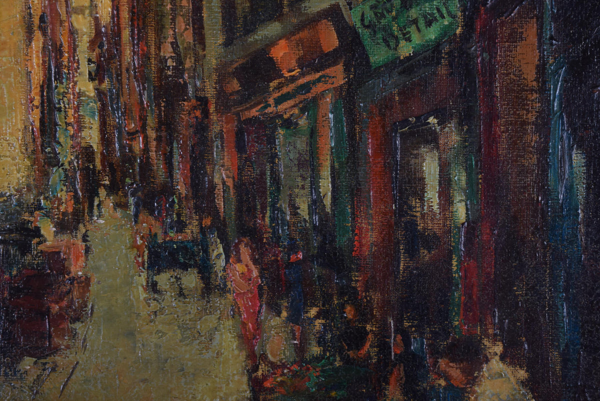 Signed Oil on Canvas, Parisian Street Scene — Rue Quincampoix, Impressionist Style, 1950s