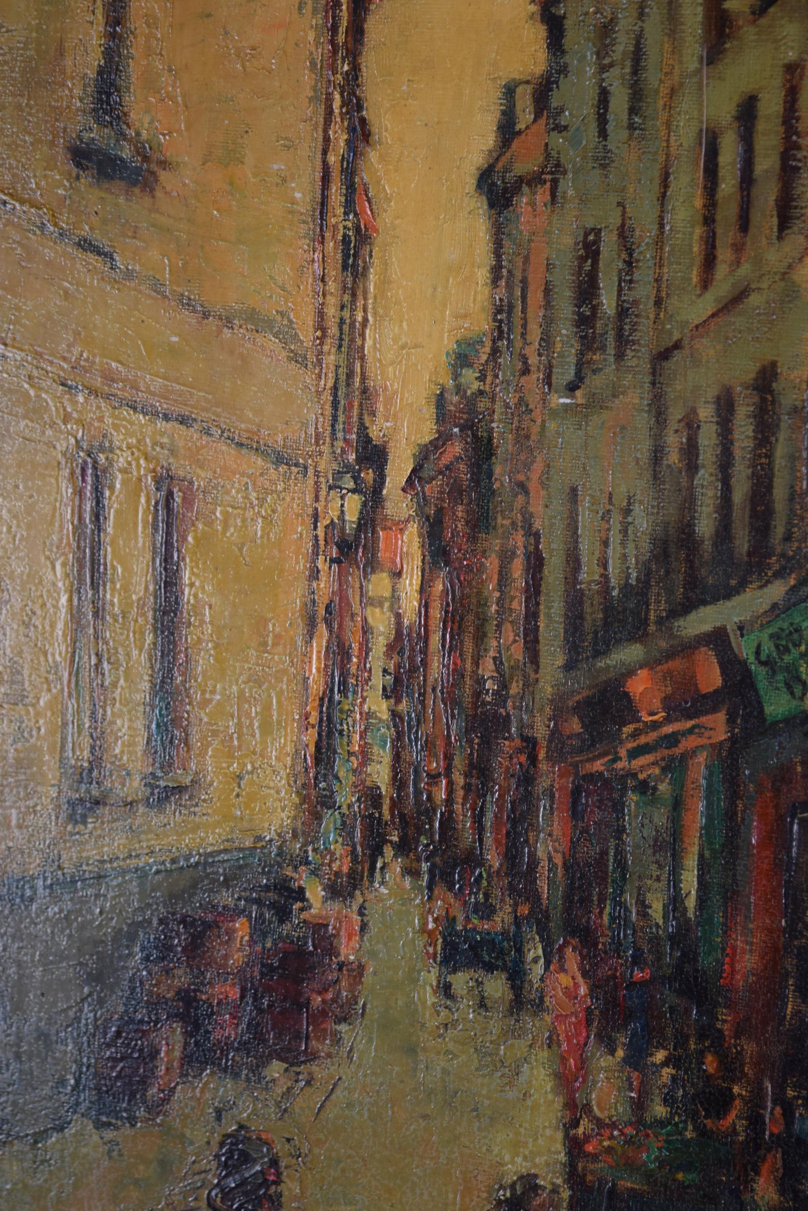 Signed Oil on Canvas, Parisian Street Scene — Rue Quincampoix, Impressionist Style, 1950s