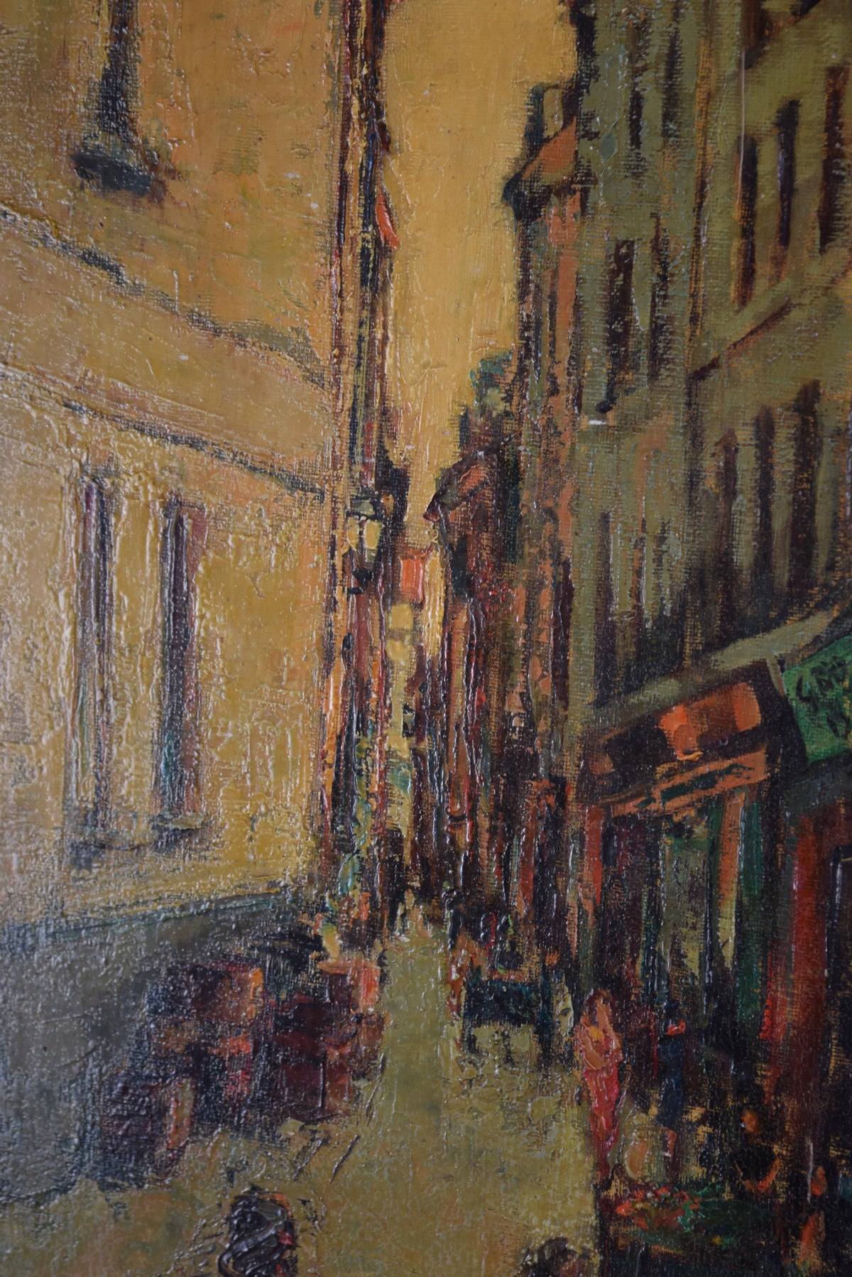 Signed Oil on Canvas, Parisian Street Scene — Rue Quincampoix, Impressionist Style, 1950s