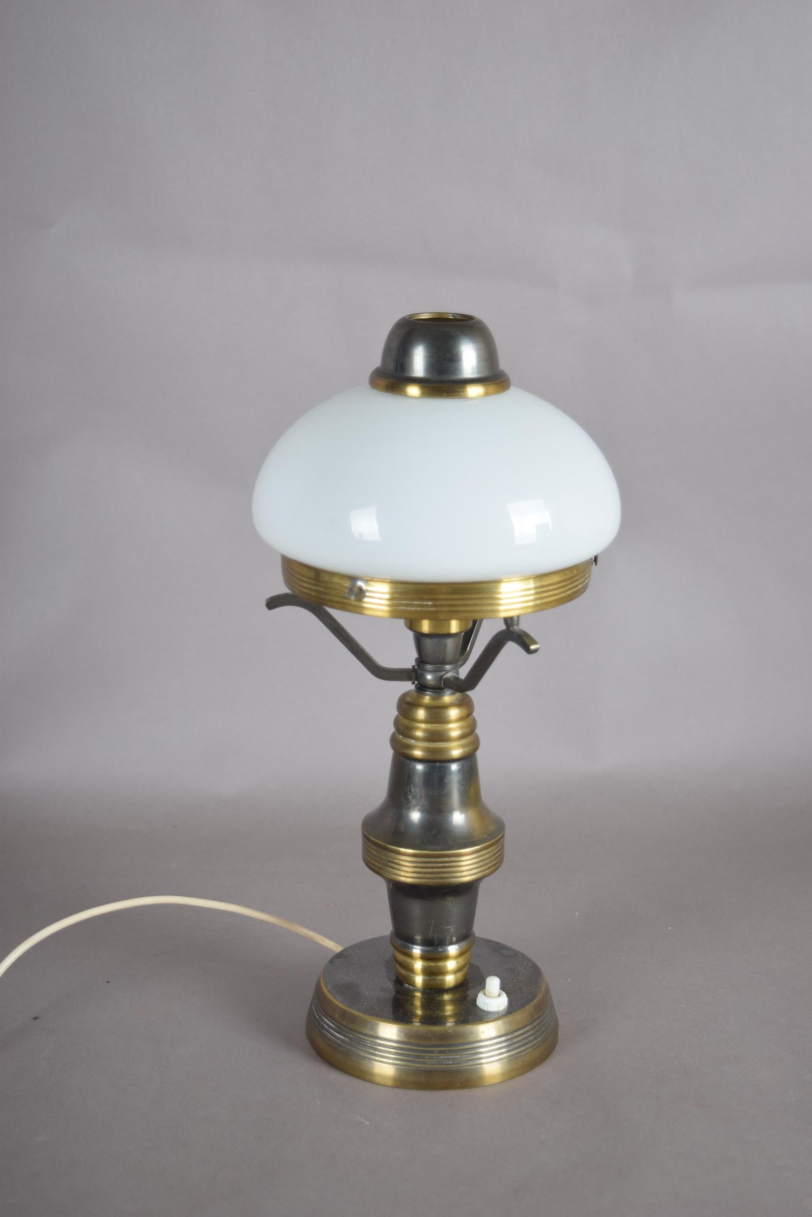Vintage Brass Table Lamp with White Opaline Glass Dome Shade, Steampunk Style, 1950s